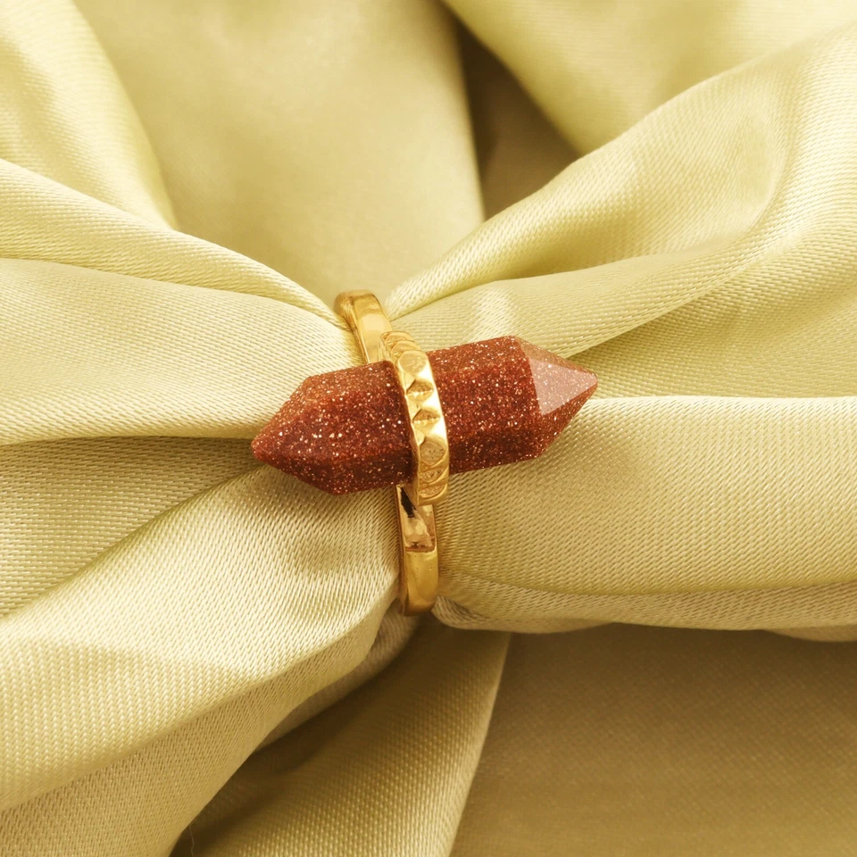 Bullet Shape Red Sunstone Gemstone Yellow Gold Plated Statement Ring Size 7 US - Image 2 of 3