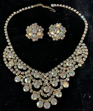 Vtg Signed Alice Caviness Aurora Borealis Rhinestone Bib Necklace Clip Earrings