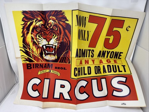 Vintage 1960s Birnam Brothers 3 Ring Circus Advertisement Poster 75c Tickets