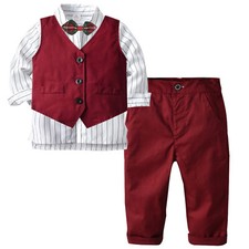 Kids Boys Gentleman Outfit Toddler Striped Shirt Bow Tie Pointed Hem Vest  Pant