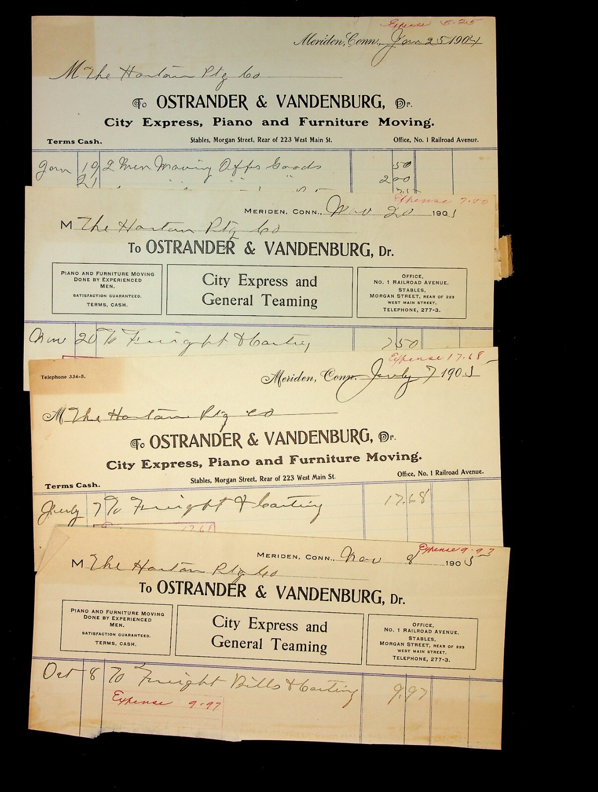 1905 Ostrander & Vandenburg City Express Piano Furniture Movers Bills