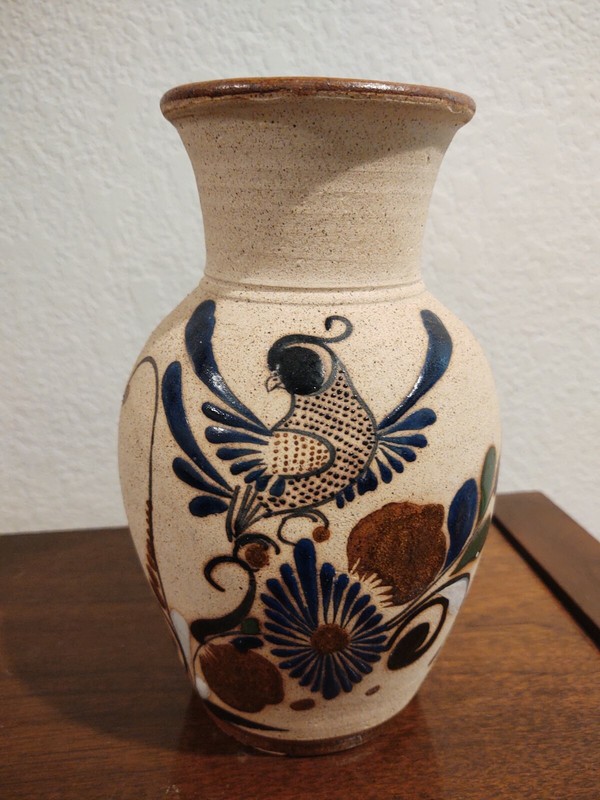 Tonala ~Art Pottery Sandstone Vase -Brown/Tan/Blue -Bird/Floral/Greenery- Mexico