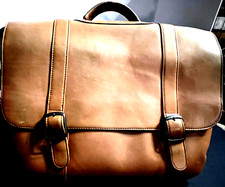 Vintage Tan Leather Satchel/Attache Lined Magnetic Snap Divided Padded Business