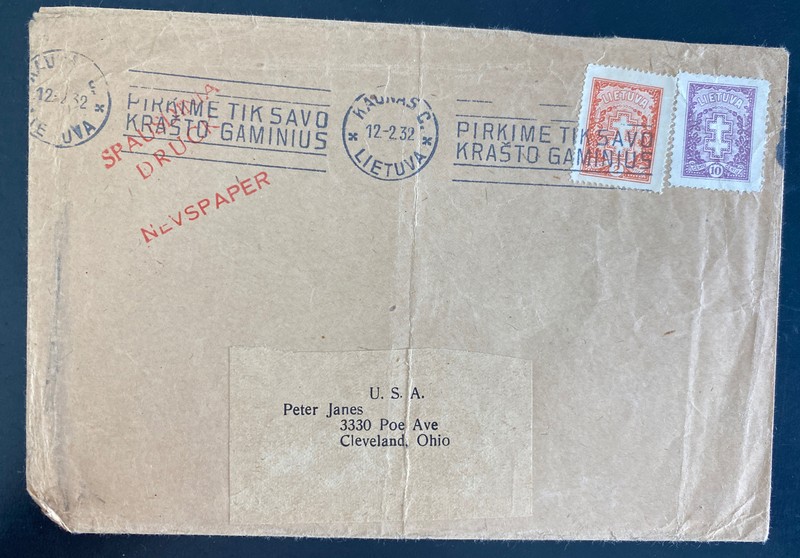 1932 Kaunas Lithuania Slogan Cancel Cover To Cleveland OH USA