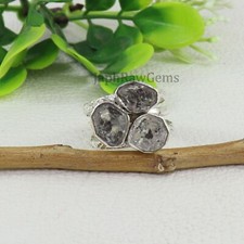 Raw Herkimer Diamond Sterling Silver Three Stone Uncut Healing Crystal Ring