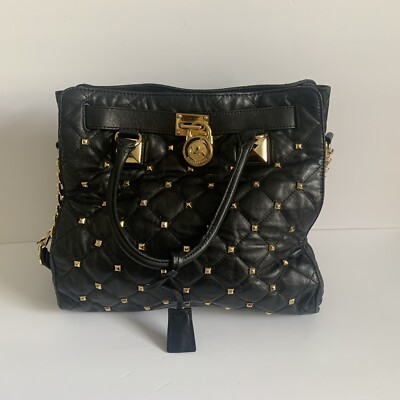 Michael Kors Hamilton Studded Quilted Bag with Gold Chain Black