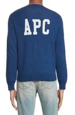 A.P.C. MEN'S LOGO CIA BLEU FONCE COTTON CASHMERE CREW NECK SWEATER SIZE XL