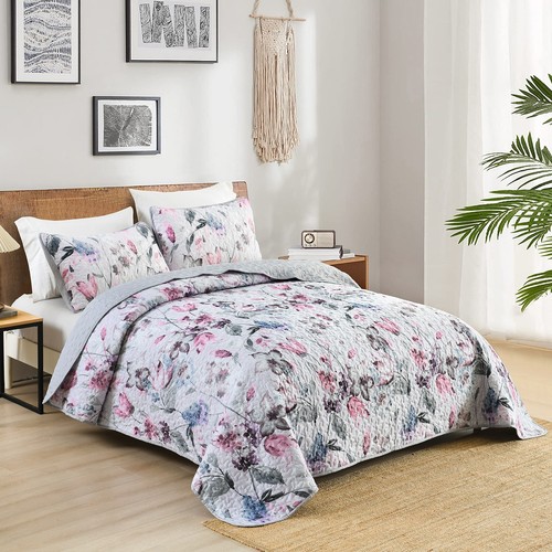 Floral Coverlet Bedspread Set Queen King Size Quilted Patchwork Bed Pillowcase - Picture 3 of 12