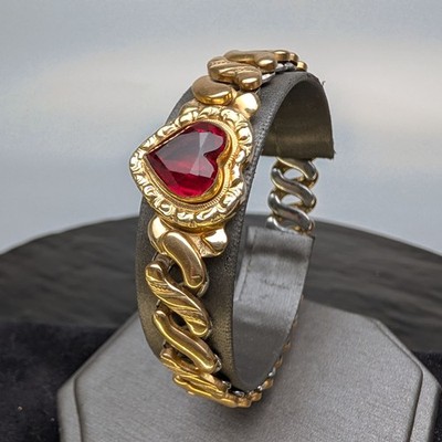 Carmen D.F.B. Sweetheart Ruby Red Heart Gold Filled Expansion Bracelet Vintage