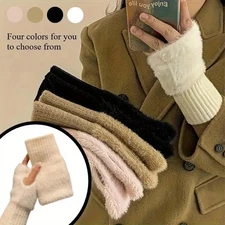 Soft Winter Half Finger Gloves Women Warm Luxury Solid White Plush Knitted Finge