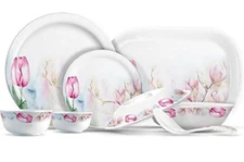 Milton Lissome Round Melamine Dinner Set of 27 Pcs, Tulip, Ivory/Pink