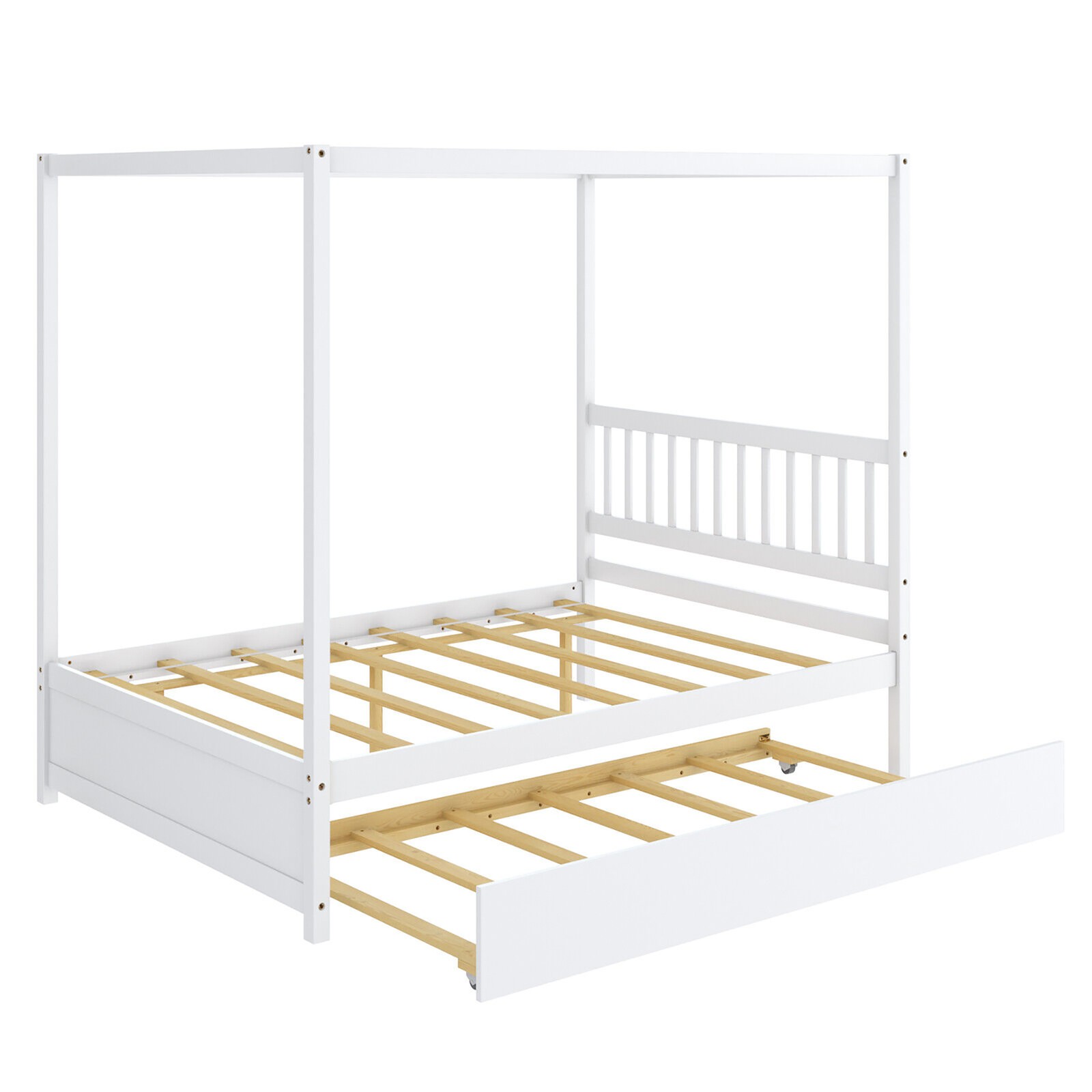 Full Size Canopy Bed with Trundle Wooden Platform Bed Frame Headboard White