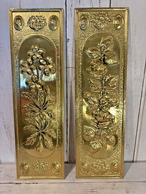 2 - Vtg MCM Brass Tin Gold Repousse Embossed Floral Wall Plaques England