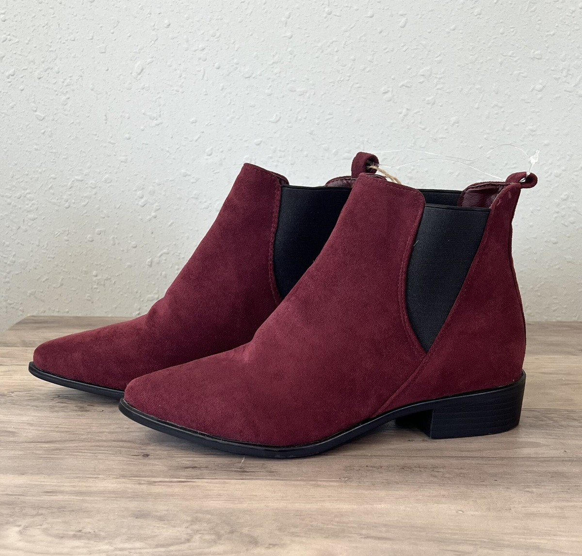 Seven7 Manhattan Micro Suede Slip On Ankle Boots Burgundy Red Size NEW