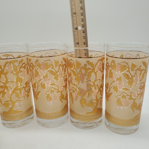 Vintage MCM Gold Fruit Tree Motif Juice Set Pitcher Carafe + 4 Highball Glasses - Picture 10 of 10
