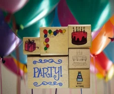 Party Themed Wood Mounted Rubber Stamps Set of 6 Variety of Sizes & Designs