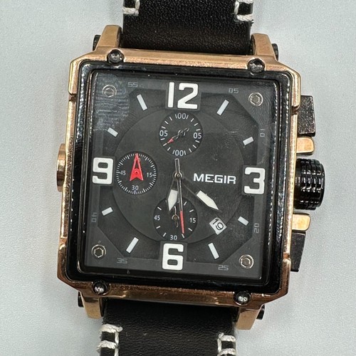Megir Chronograph Uhr Herren roségoldfarben Oversized Gehäuse schwarzes Band neue Batterie
