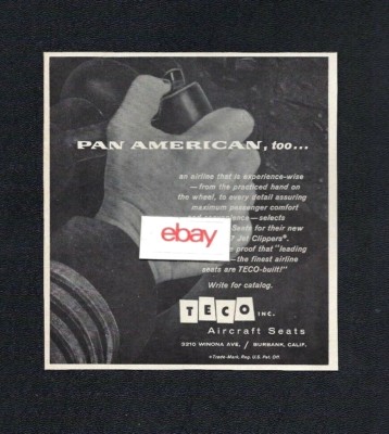 PAN AMERICAN NEW BOEING 707 JET CLIPPERS TECO SEATS 1959 CAPTAIN AD