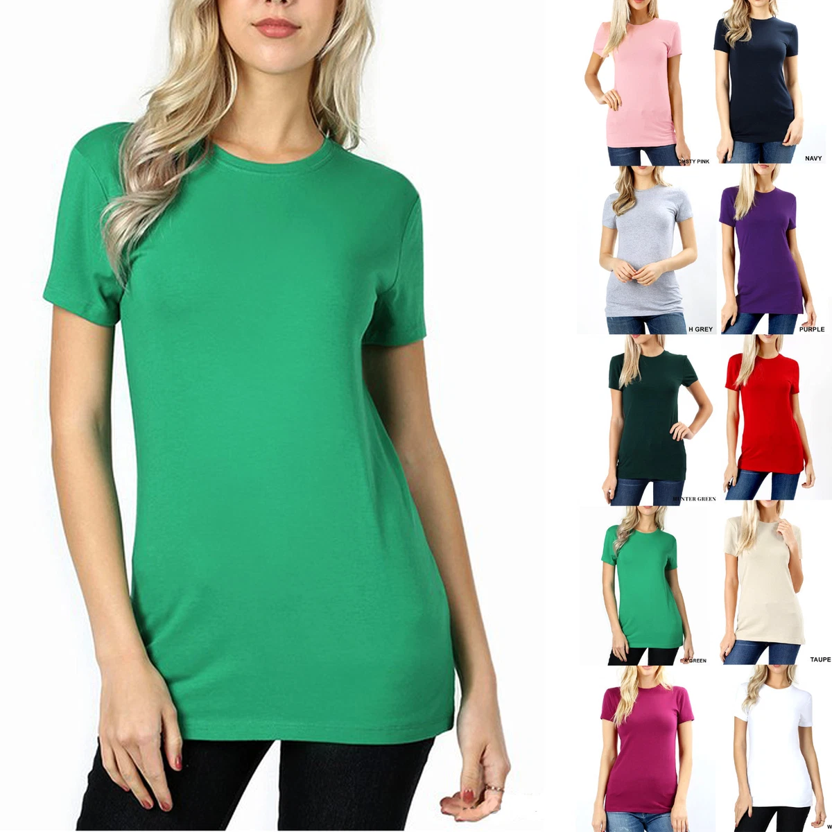 SHORT SLEEVE CREW NECK Basic T-Shirt Long Fitted Plain Stretch | eBay