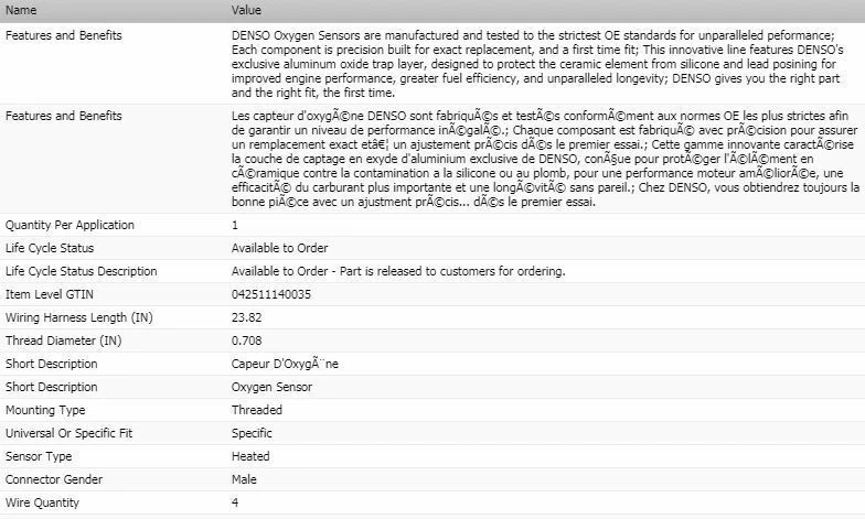 Sensor de oxígeno Denso Upstream para Dodge B250 1994 V8-5,9 L Foto 2 de 4