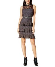 Glam by Glamorous Women Dress Lace Yoke Ruffle Tiered Dress Black Printed M $139