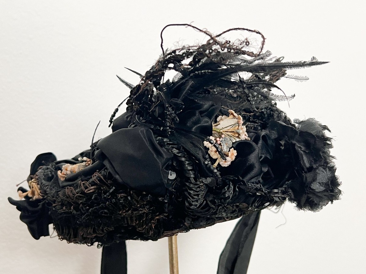 Victorian Late 1880s Woven Black Bonnet w/ Beaded Feathers 