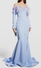 4995 Pamella Roland Women's Blue Feather Crystal Trim Crepe Gown Size 12
