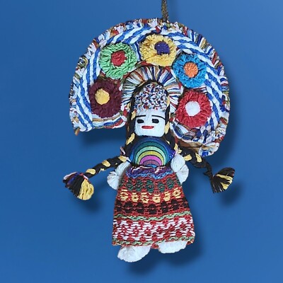 Vintage Mexican Azteca Folk Art Yarn Pom Pom Girl Doll 16'' Clean