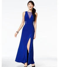 Juniors' Illusion Front-Slit A-Line Gown                Color- Cobalt   Size- 0