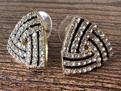 Black Enamel Gold Tone Geometric Triangle Rhinestone Pierced Earrings