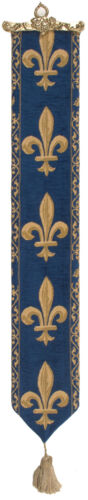 Fleur de Lys Blue Belgian Medieval Woven Tapestry Bell Pull With Metal Topper - 第 1/3 張圖片