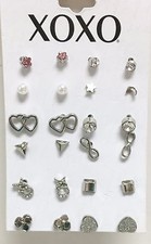 NEW SET OF 12 XOXO SILVER TONE,HEART,PEARL,STAR,FLOWER,CRYSTAL EARRINGS V25745