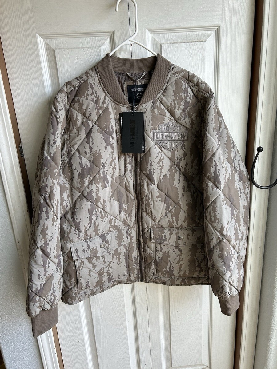 NWT Harley Davidson Camo Full Zip Woven Bomber Jacket Park Quilted