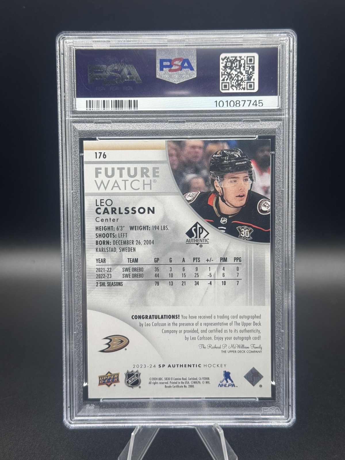 2023-24 SP Authentic Future Watch Auto Psa 9 Leo Carlsson Rookie Auto /999 view 2