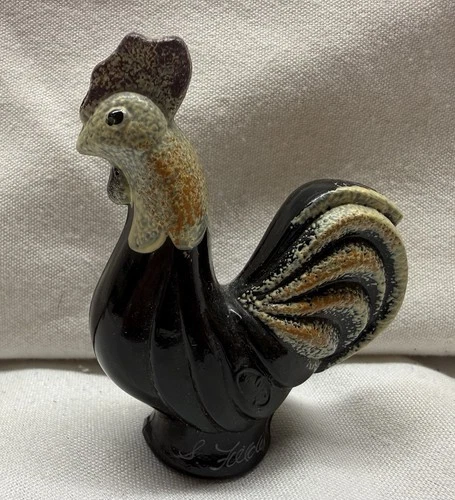 Fenton Art Glass Black Rooster Figurine - Hand Painted signed S. Fielder 3" tall