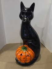 Vtg Halloween Black Cat With Pumpkin Ceramic ...