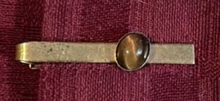 Vintage Swank Tie Bar Clip Textured Gold Tone Brown Tigers Eye Stone 2.25”