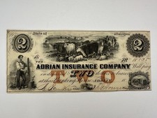 1853 $2 Adrian Insurance Company Michigan Obsolete Bank Note Two Dollars Bill MI