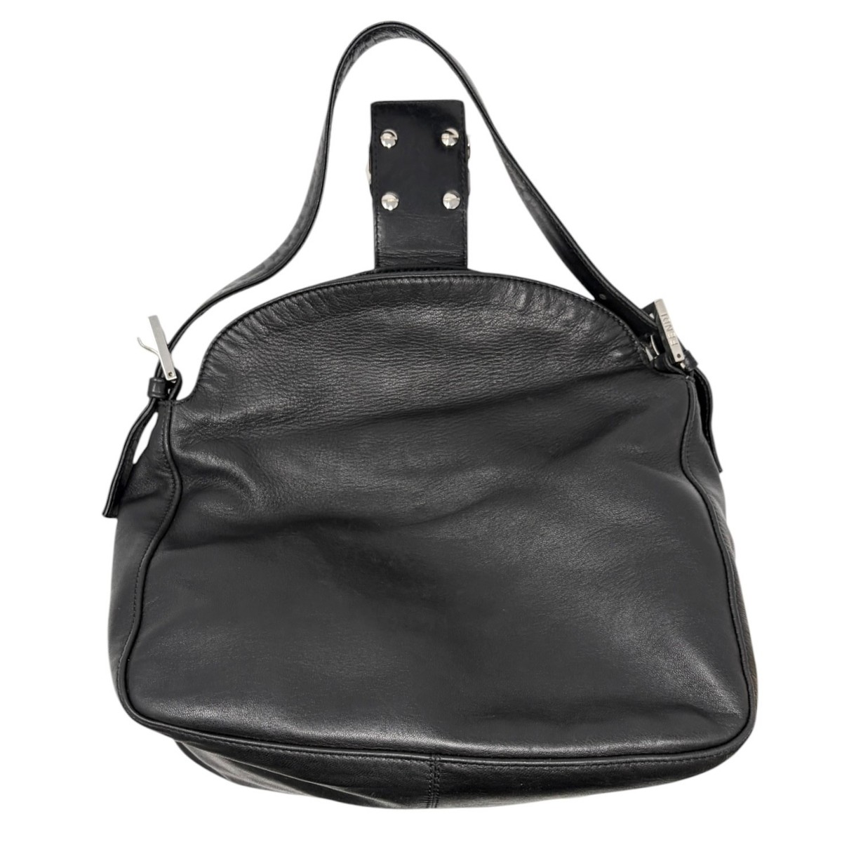 FENDI Vintage FF Logo Shoulder Bag Lambskin Black Silver Leather