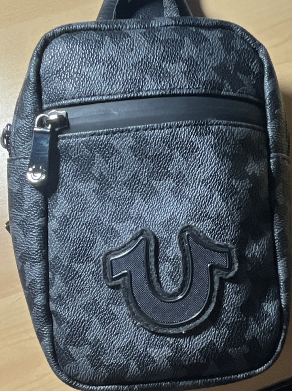 True Religion Small Black/Gray Monogram Crossbody Sling Bag Adjustable Strap