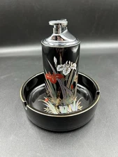 Kutani Japan Table Lighter ( Empty) Ashtray Set Black Floral Untested 