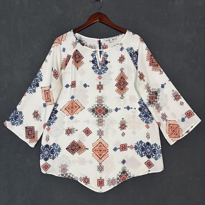 Chaus Tunic Top Womens L White Geometric Aztec Print Bell Slv Tribal Boho Chic