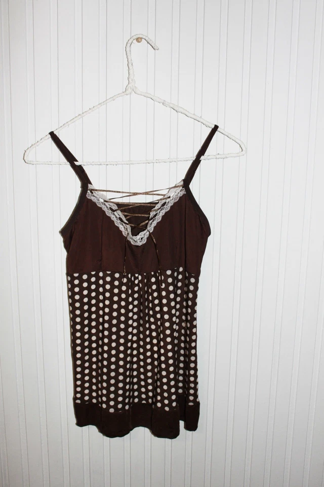 Title: Y2K Brown Polka Dot Cami Top | Lace Trim Ribbon Tank Cottagecore Retro S - Image 4 of 4