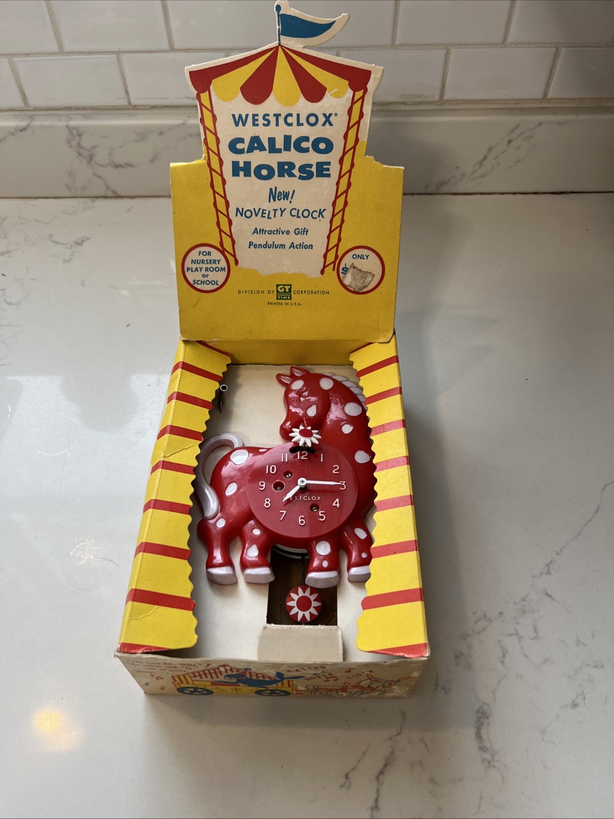 NOS Deadstock Vintage WESTCLOX Red Calico Horse Pendulum Wall Clock READ