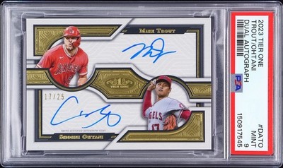 2023 Topps Tier One Shohei Ohtani, Mike Trout Dual Auto Ohtani Jrsy #17/25 PSA 9