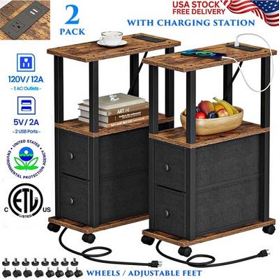 2 PACK NARROW SIDE TABLE 2 DRAWERS CHARGING STATION 2 USB PORTS END NIGHTSTAND