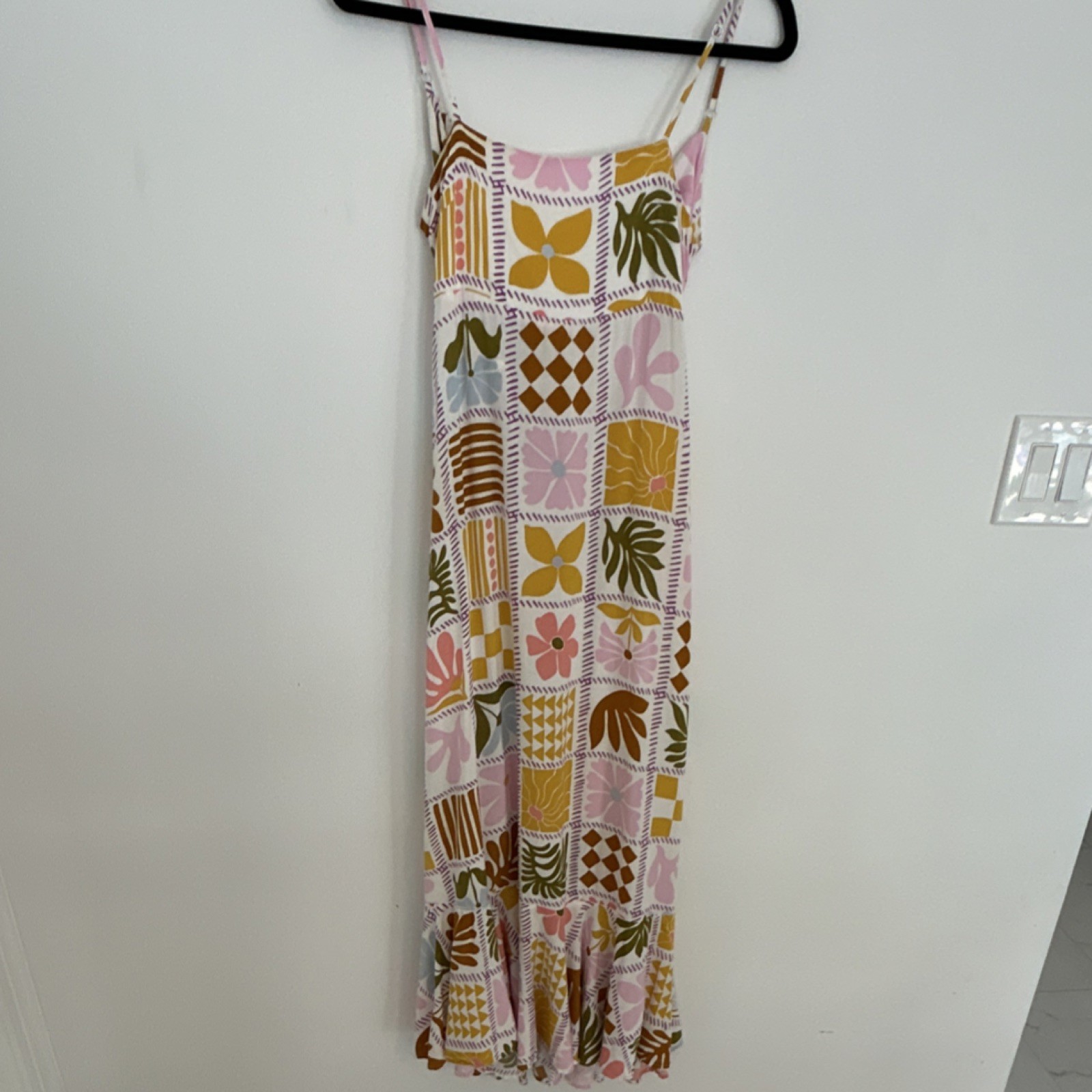 Paper Heart Geometric Maxi Dress Tie Back Ruffle Sleeveless Multicolor XS
