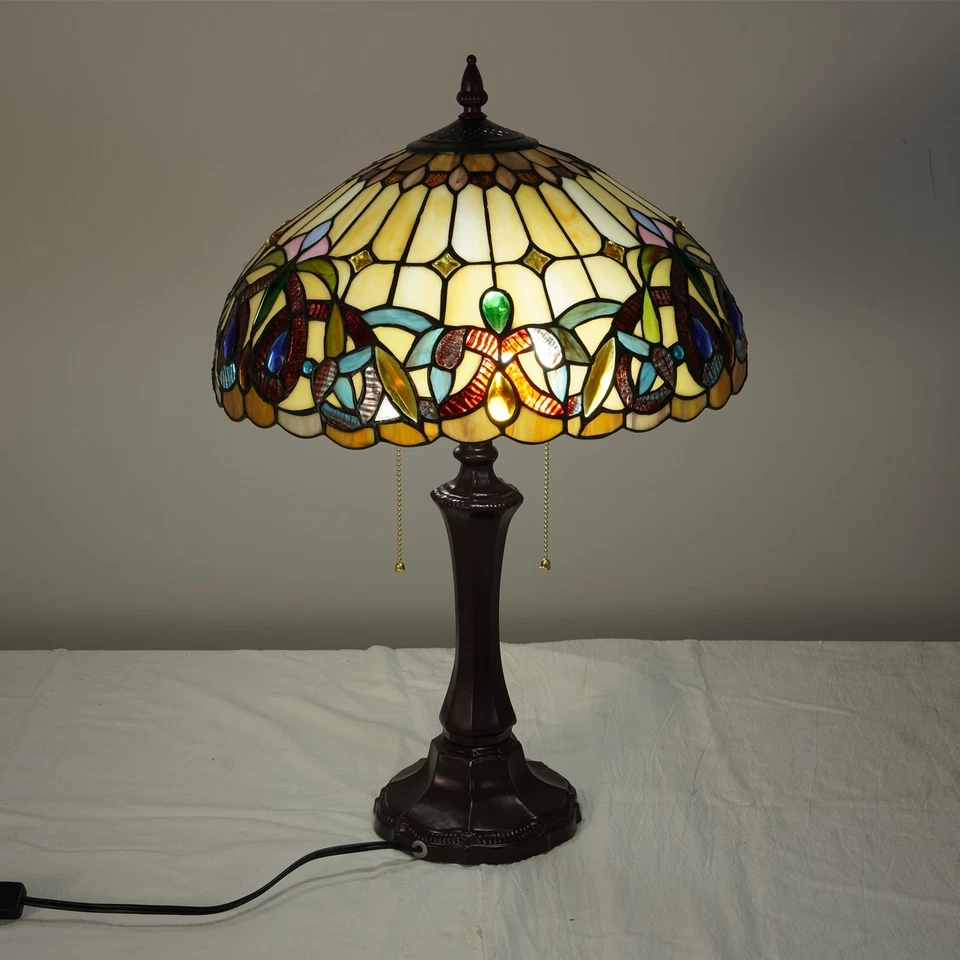 Tiffany Lamps Stained Glass Table Lamp, 2-Lights Antique Brown Red Desk Light - Image 3 of 4