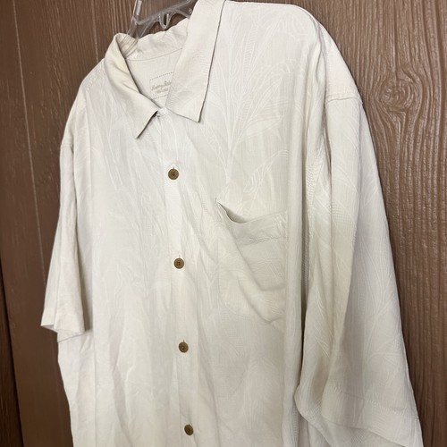 Tommy Bahama Shirt Men XXL Off White Textured Floral Silk Stripe Hawaiian Ivory - Picture 2 of 6