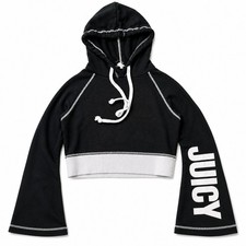 Juicy Couture Womens XS Cropped Hoodie Black White Logo Colorblock Y2K McBling